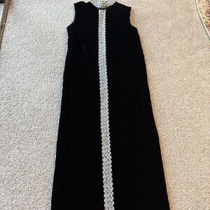 Vintage 70s Black Velvet Column Dress | Silver Thread & Beading | Mod Evening